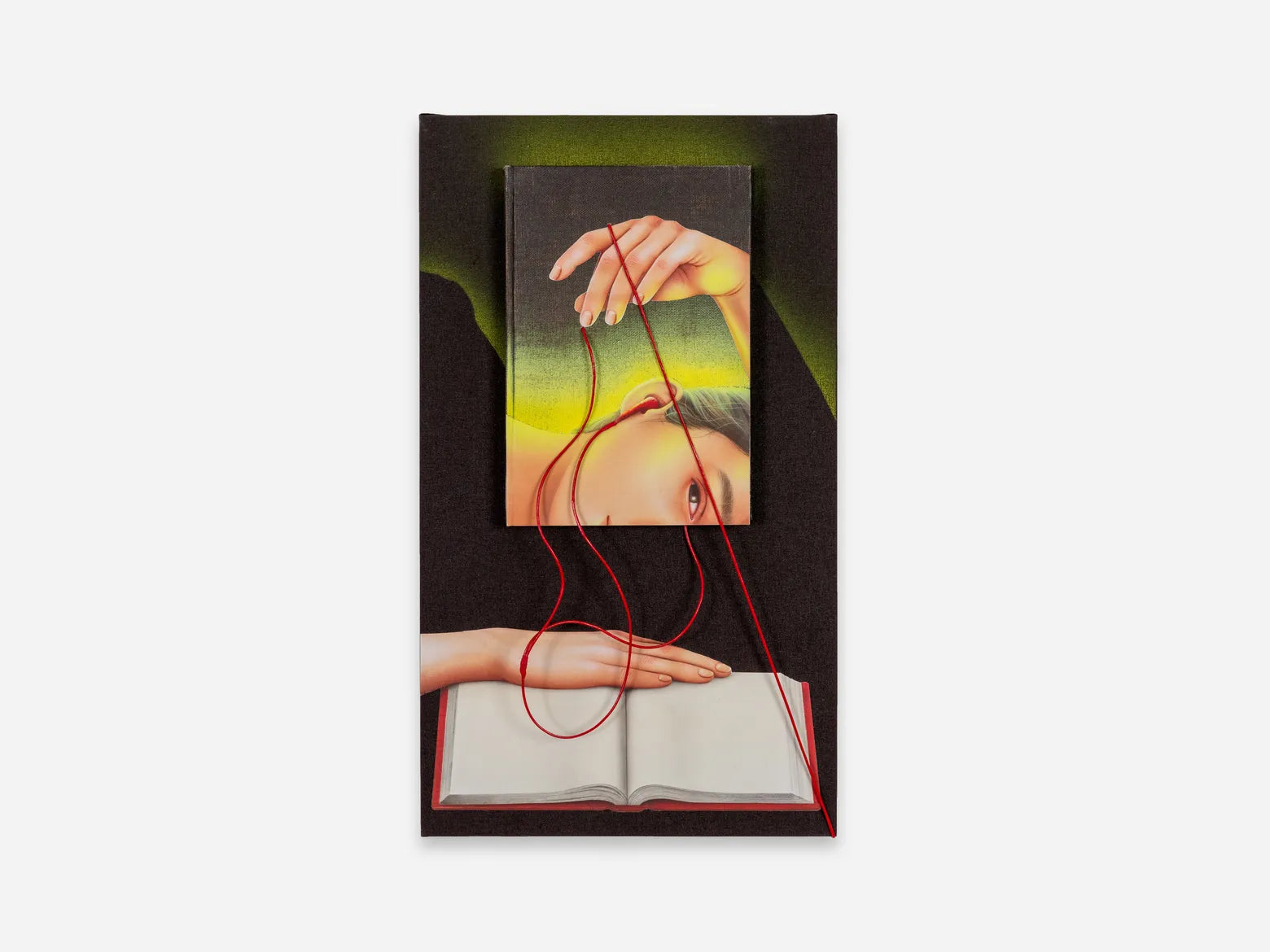 Arghavan Khosravi The Morning Light 3D mixed media sculpture. Linen book with red leather cord on plywood. Edition of 20 verified by Art Trader New York.