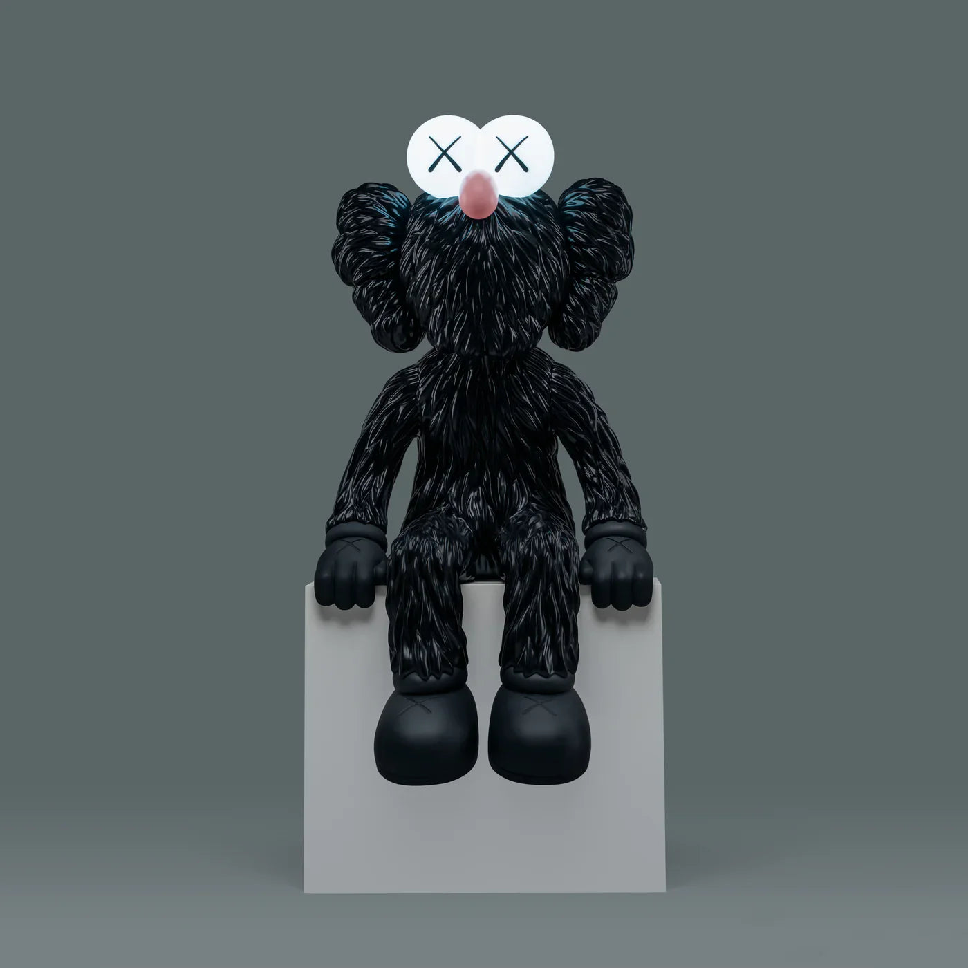KAWS SEEING Black Alloy Sculpture with blue LED eyes lighting up. Verified condition by Art Trader. Side view of heavy metal art toy.-2
