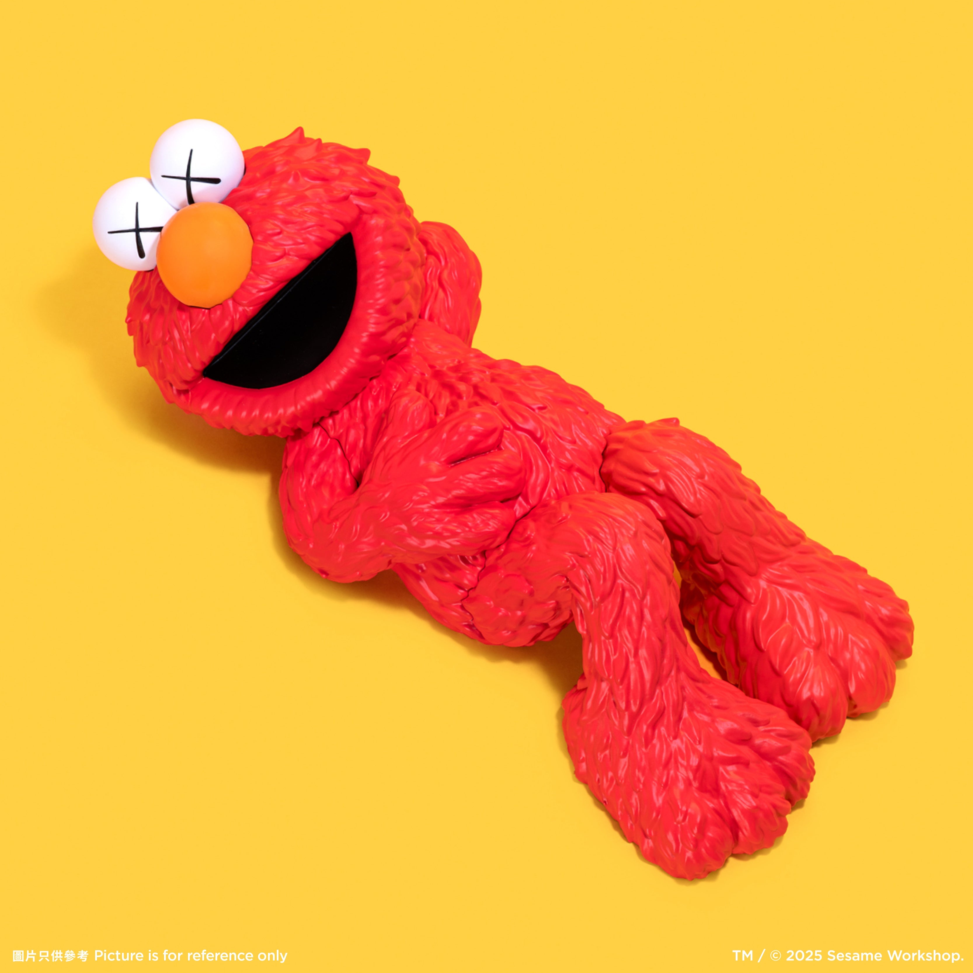 KAWS Elmo Sesame Street 2025 red vinyl figure. Front view showing signature XX eyes and orange nose. NFC verified authentic by Art Trader.