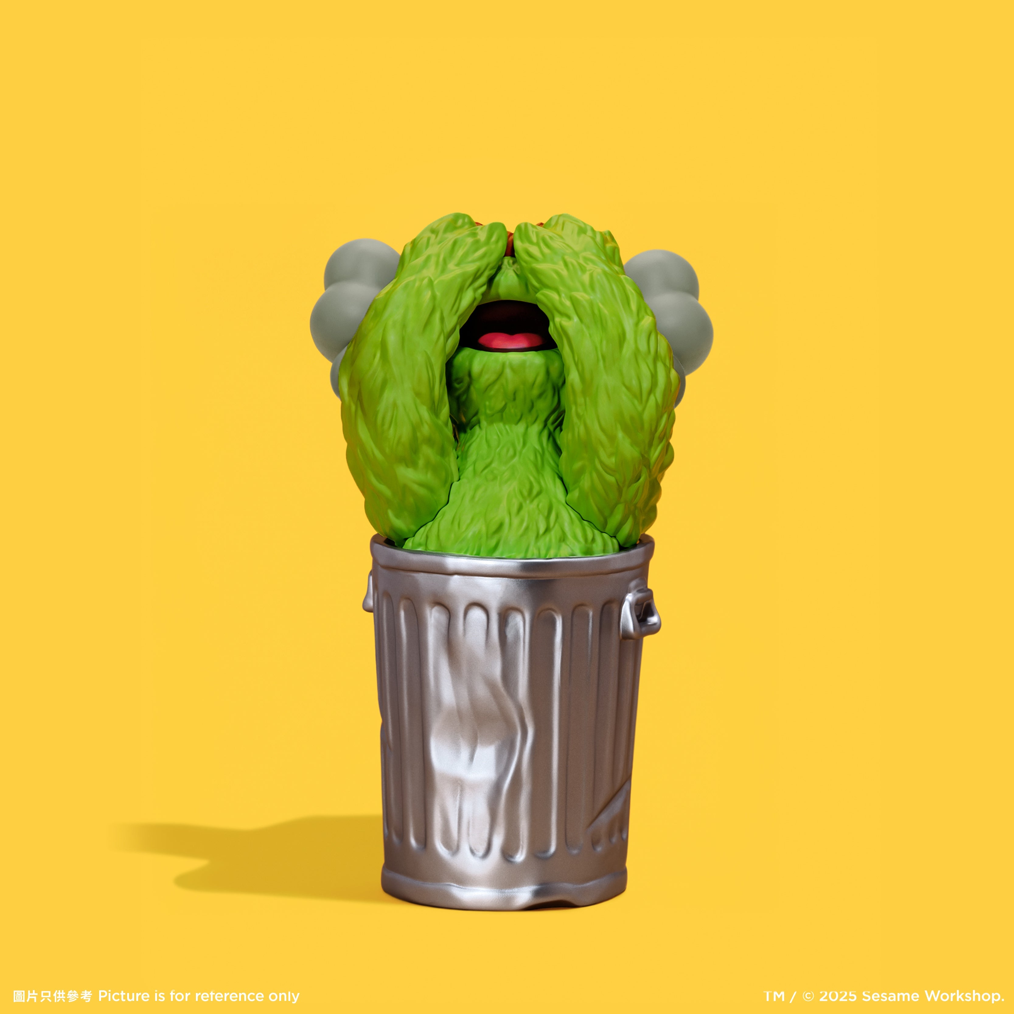 KAWS Oscar the Grouch Sesame Street 2025 vinyl figure in trash can. Green vinyl art toy with NFC chip. Verified authentic by Art Trader.