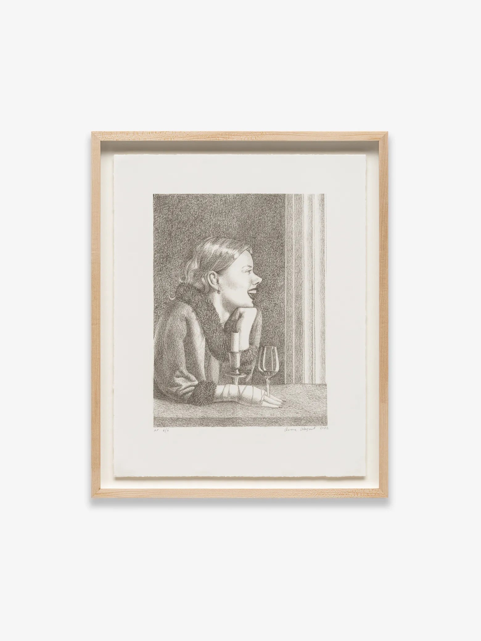 Anna Weyant Loose Screw lithograph. Woman laughing at bar with wine. Rare edition of 15 framed art sourced by Art Trader New York.
