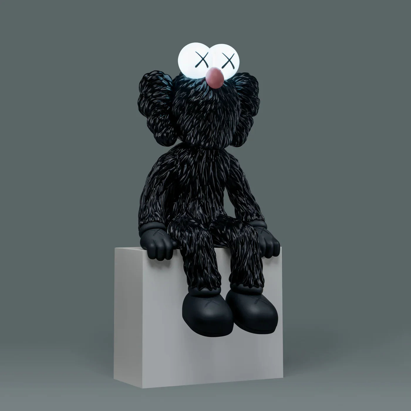 KAWS SEEING Black Alloy Sculpture with blue LED eyes lighting up. Verified condition by Art Trader. Side view of heavy metal art toy.-4