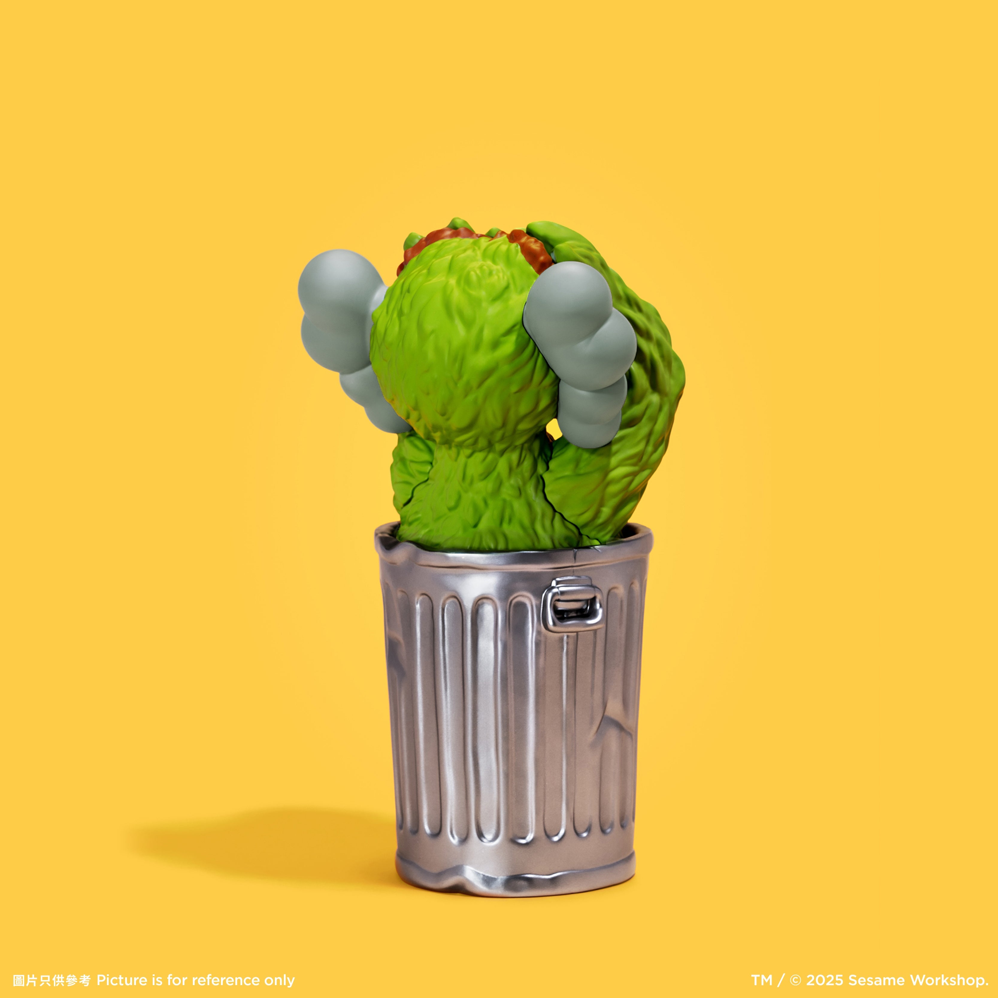 KAWS Oscar the Grouch Sesame Street 2025 vinyl figure in trash can. Green vinyl art toy with NFC chip. Verified authentic by Art Trader.-3